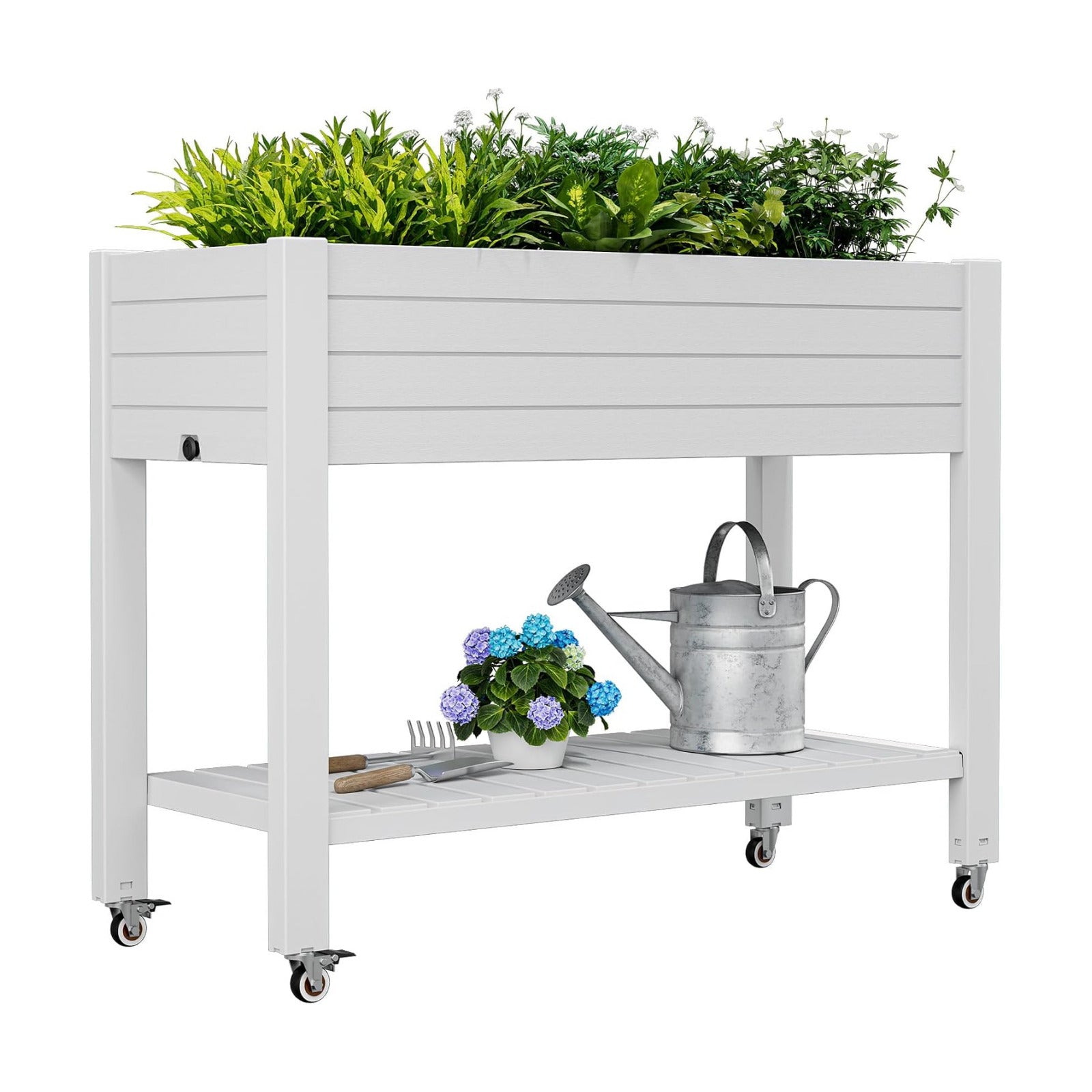 Elevate 33.7" Tall Raised Garden Bed with Wheels, Divisible Resin Planter Box with Drainage Gauge & Storage Shelf, Herb