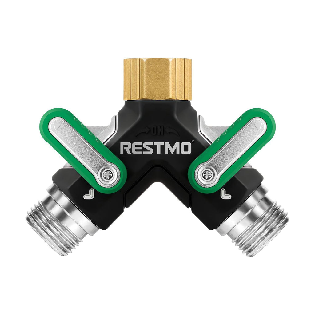 RESTMO 2 Way Garden Hose Splitter Heavy Duty Full Metal Body | Full Flow Design with Oversized Ball Valve, Y Outdoor