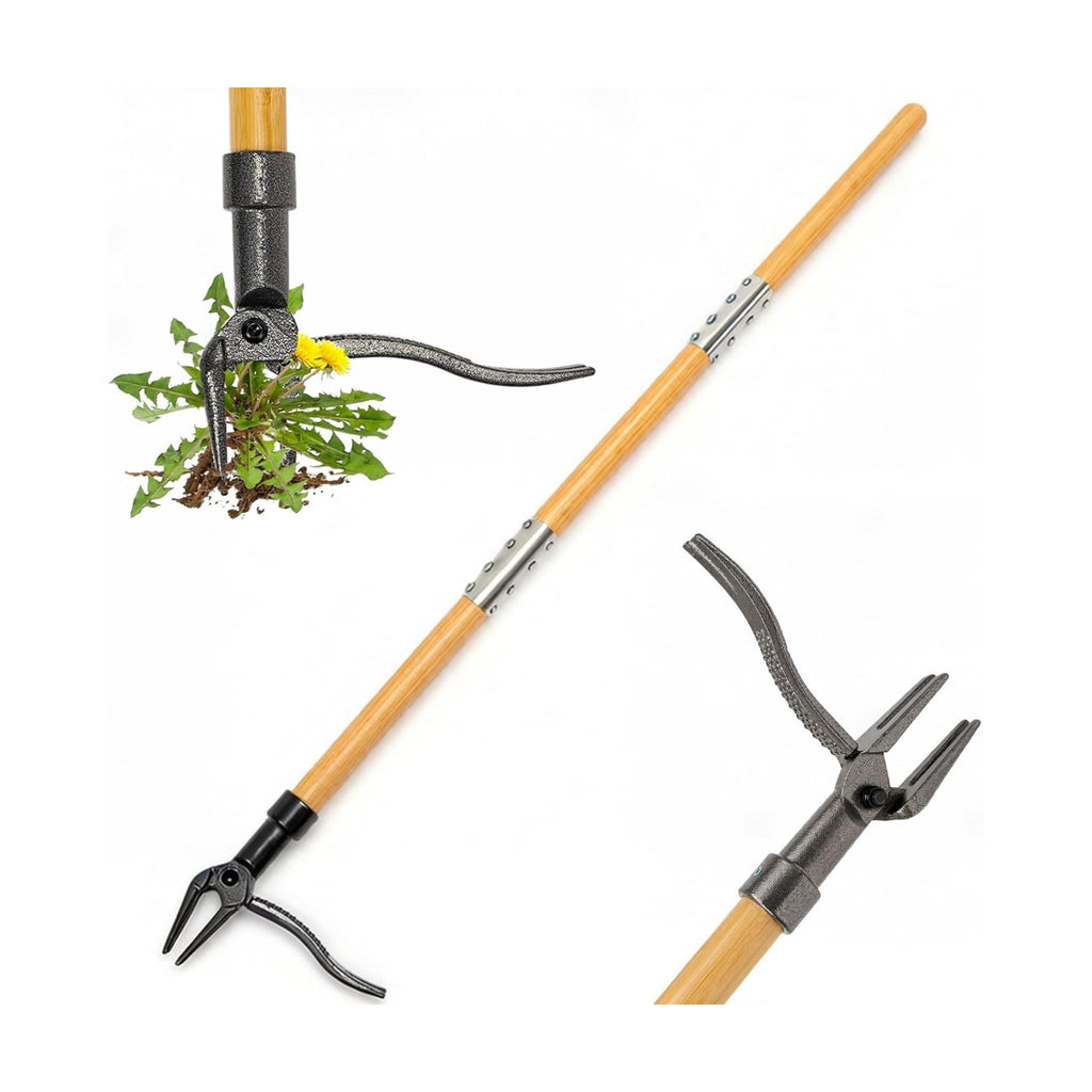 Weed Puller Tool, 44" Stand Up Heavy Duty Root Removal Garden Tools with 4 Claw Steel Head, Made with Real Bamboo &