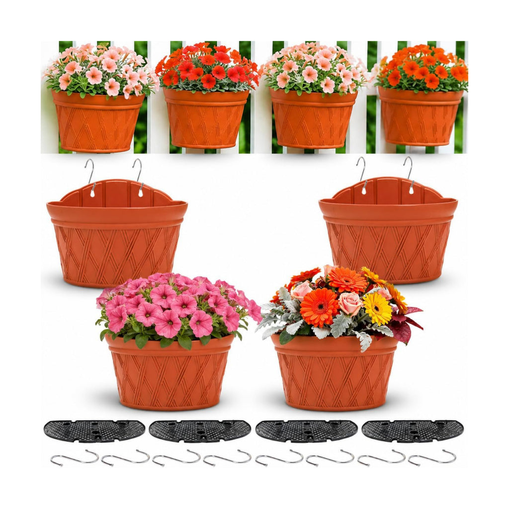 4 Pack Plastic Wall Hanging Planter, 11.4 In Plant Holder for Indoor Outdoor Plant, Large Wall Plant Pot with 8 Hooks