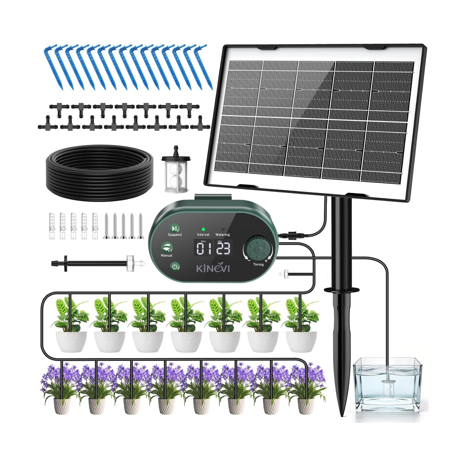 Solar Drip Irrigation System Kit, Auto Plant Waterer for 15 Pots | 3W Solar Powered Automatic Self Watering Device, 22