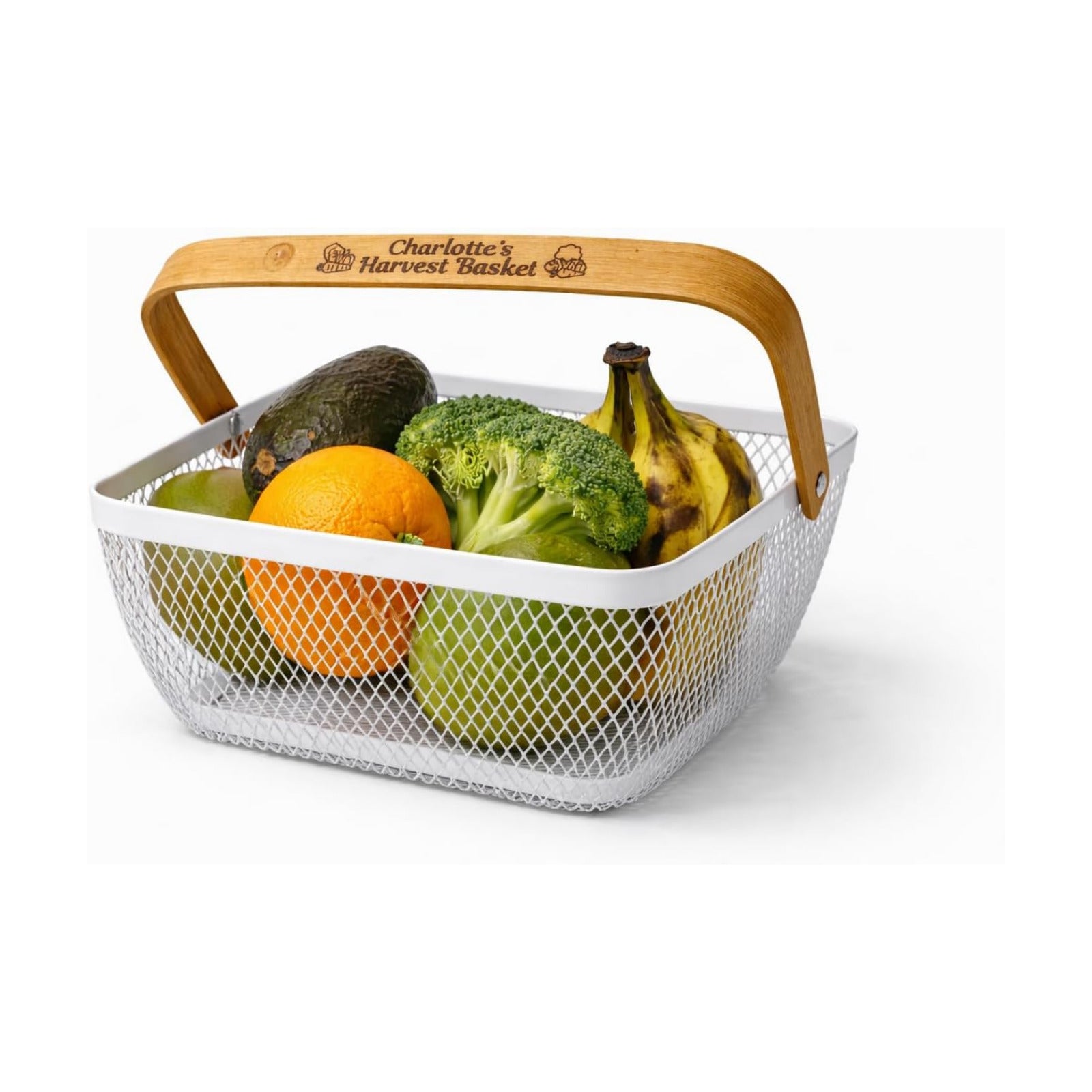 Personalized White Garden Harvest Basket with Engraved Bamboo Handle – Lightweight Metal Mesh Vegetable Basket for