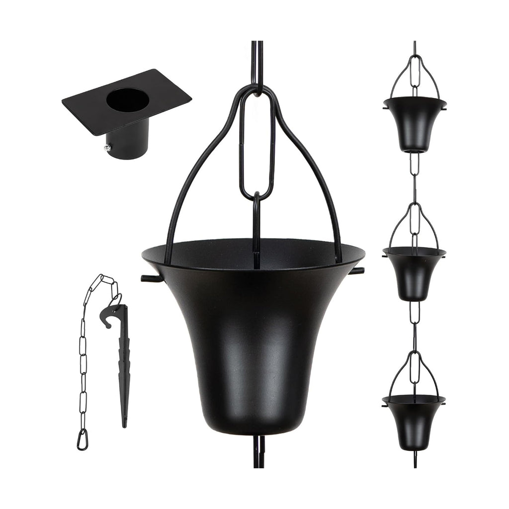 MEKKAPRO Iron Rain Chain for Gutters, 8.5ft 12-Cup, Black, Bucket-XL | Iron Powder-Coated Chain Built for Heavy Rain
