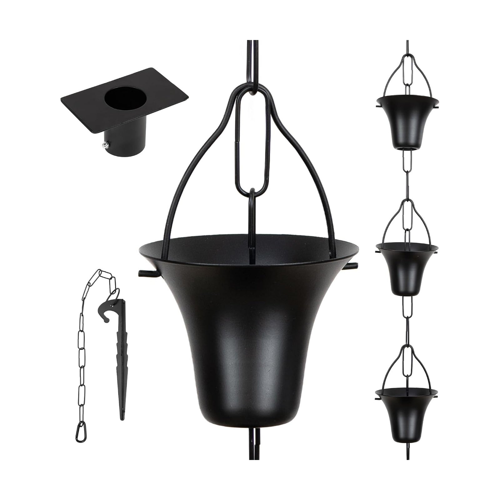 MEKKAPRO Iron Rain Chain for Gutters, 8.5ft 12-Cup, Black, Bucket-XL | Iron Powder-Coated Chain Built for Heavy Rain
