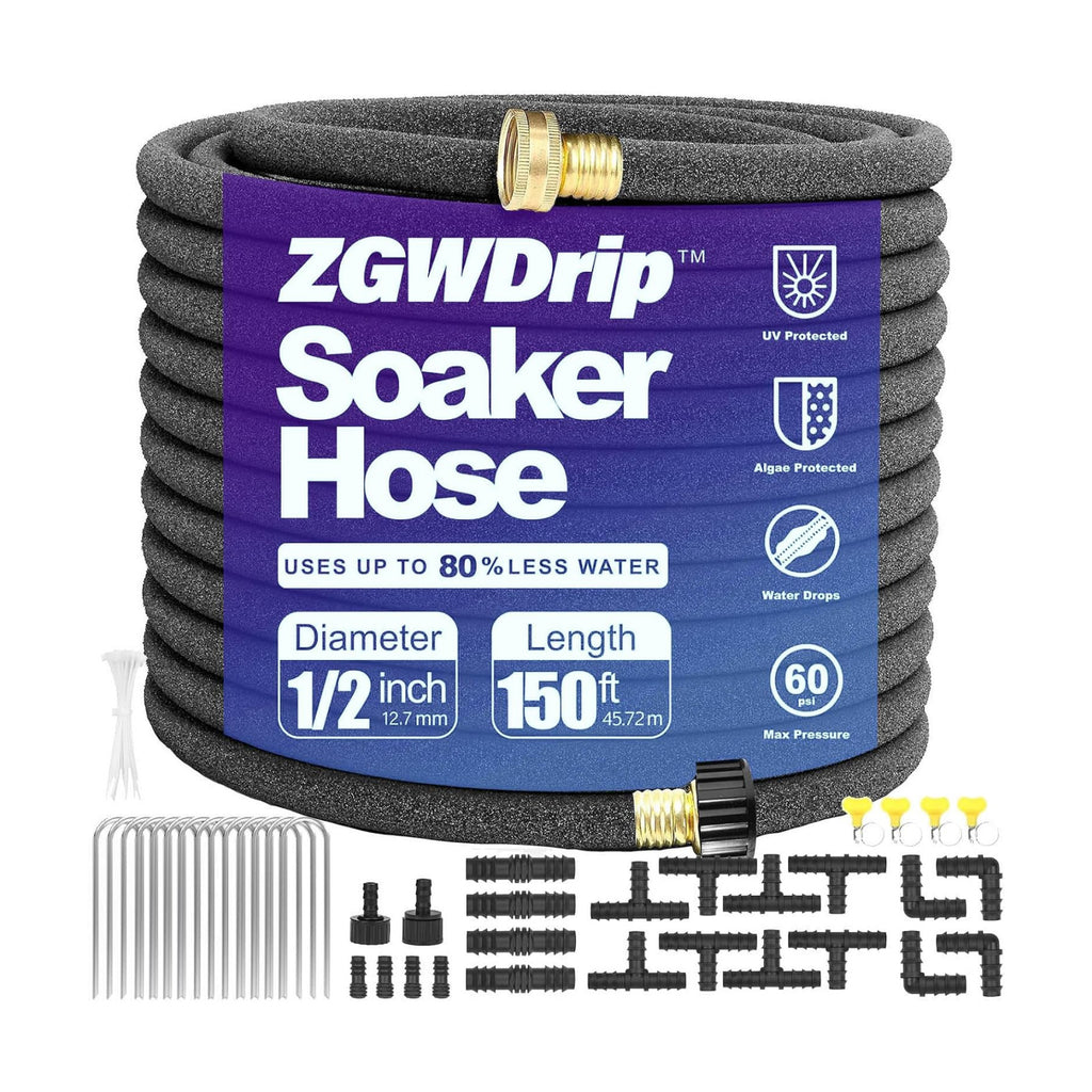 150FT 1/2" Water-Saving Soaker Hose with Solid Brass Connectors, Drip Irrigation Kit for Lawn & Landscaping with Metal