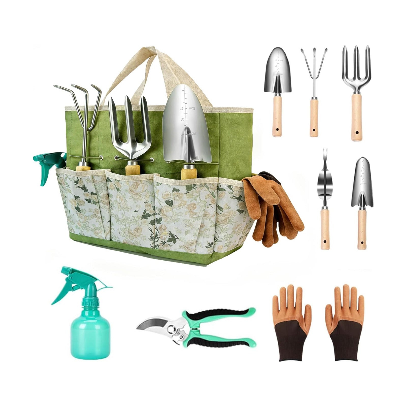 Garden Tool Set, 9 Pcs Heavy Duty Stainless Steel Gardening Hand Tool, Green Garden Tool Bag Kit, Gardening Supplies