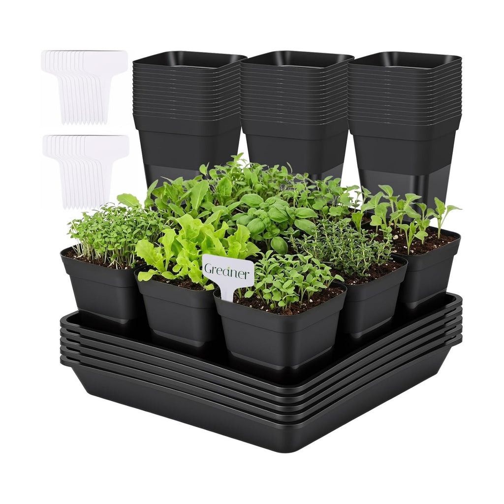 GREANER 50 Pcs Nursery Pots 4 Inch, 5 Packs 12 Inch Reusable Seed Starter Tray, Plastic Sturdy Planting Pots with 20PCS