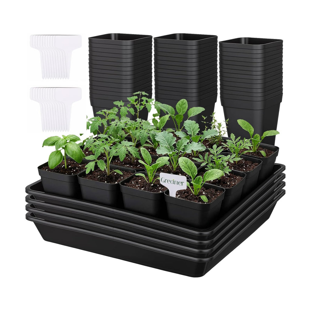 GREANER 4PCS Seed Starting Trays 12 Inch, 60PCS 2.7 Inch Sturdy Seedling Pots with Drain Holes and 20PCS Plant Labels