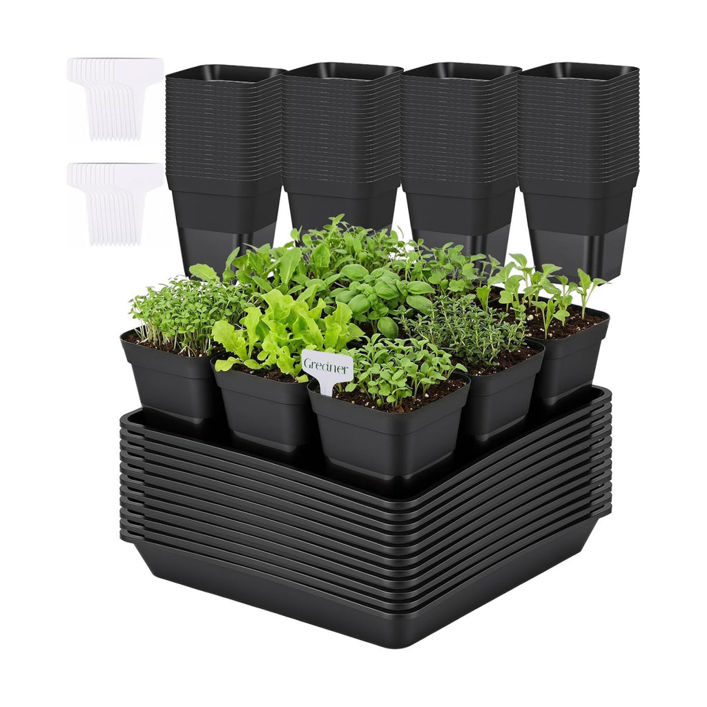 GREANER 12 Inch Sturdy Seed Tray 11PCS, 4 Inch 100PCS Flexible Square Nursery Pots with Drainage Holes, Plant