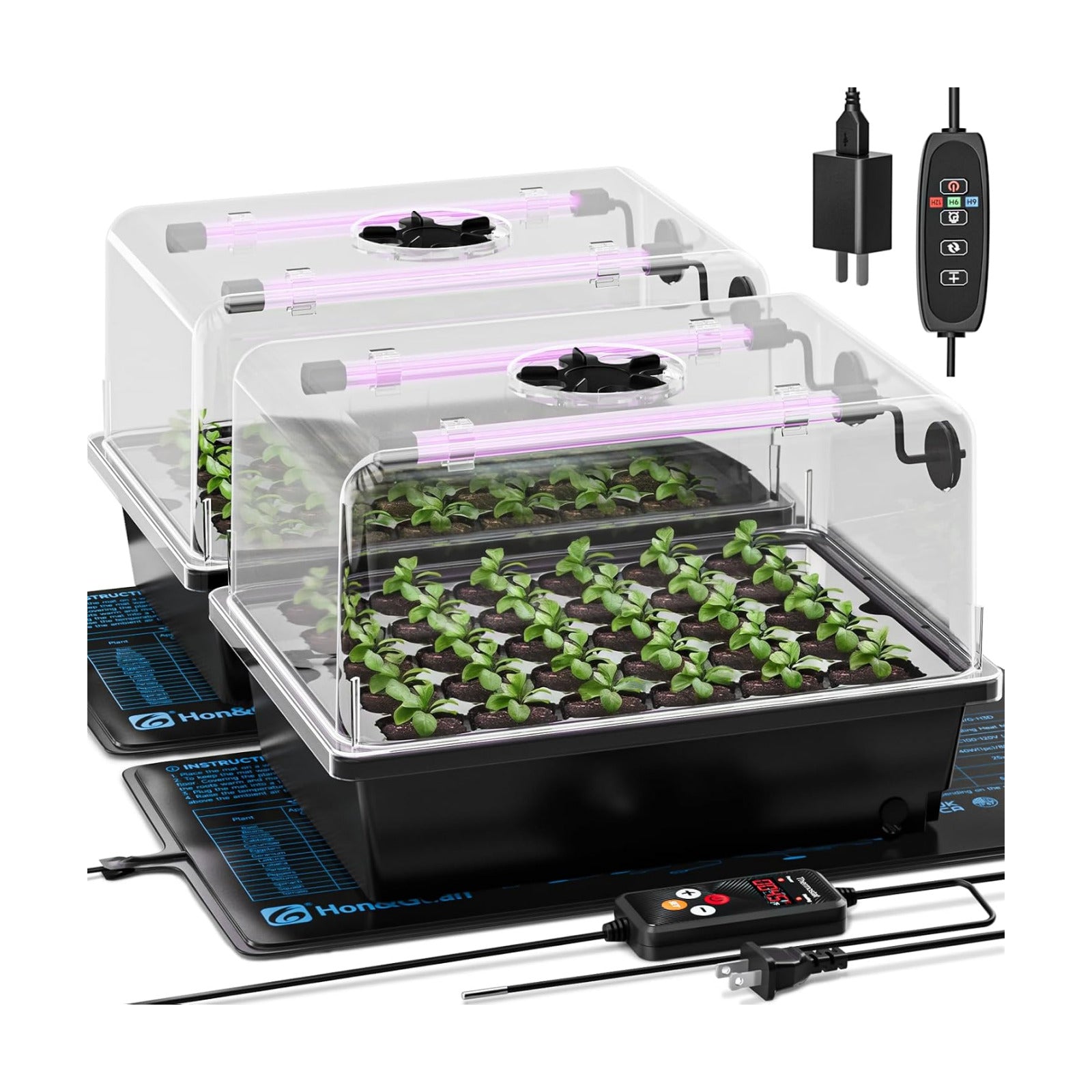 Hon&Guan 2-Pack 30-Cell Seed Starting Kits with Heat Mats and LED Lights | 60-cell PP seedling trays, 5.3" domes with
