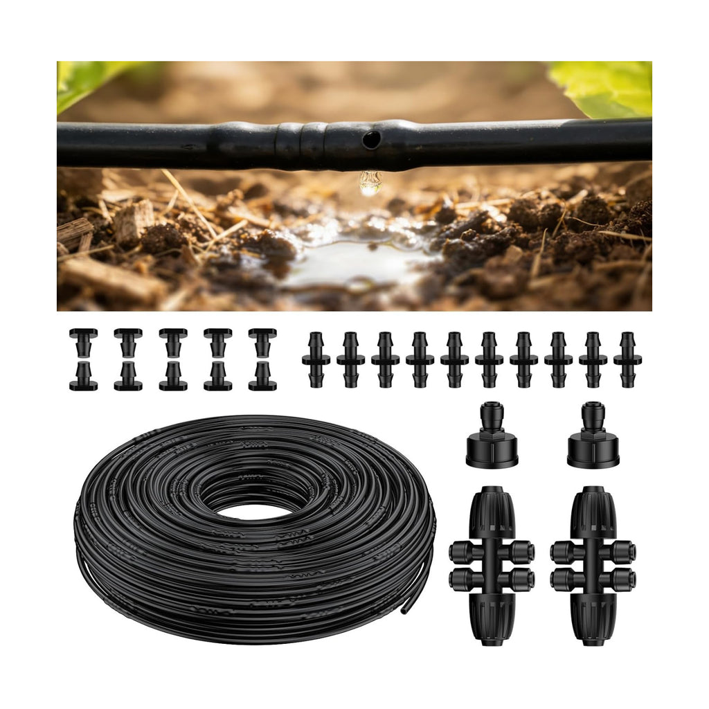 Pawfly 200 ft 1/4 Drip Irrigation Tubing, 1/4" Emitter Tubing with 6" Spacing, Polyethylene Drip Line with 24 Parts