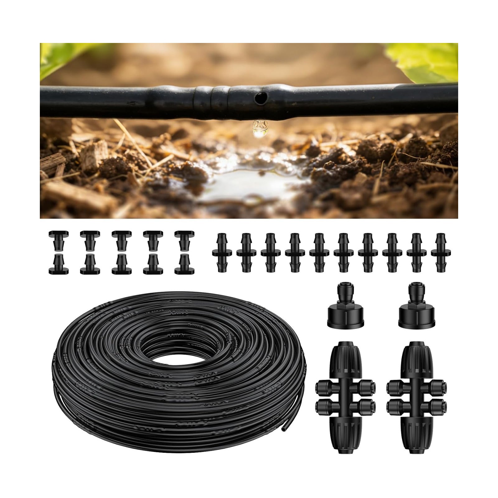Pawfly 200 ft 1/4 Drip Irrigation Tubing, 1/4" Emitter Tubing with 6" Spacing, Polyethylene Drip Line with 24 Parts
