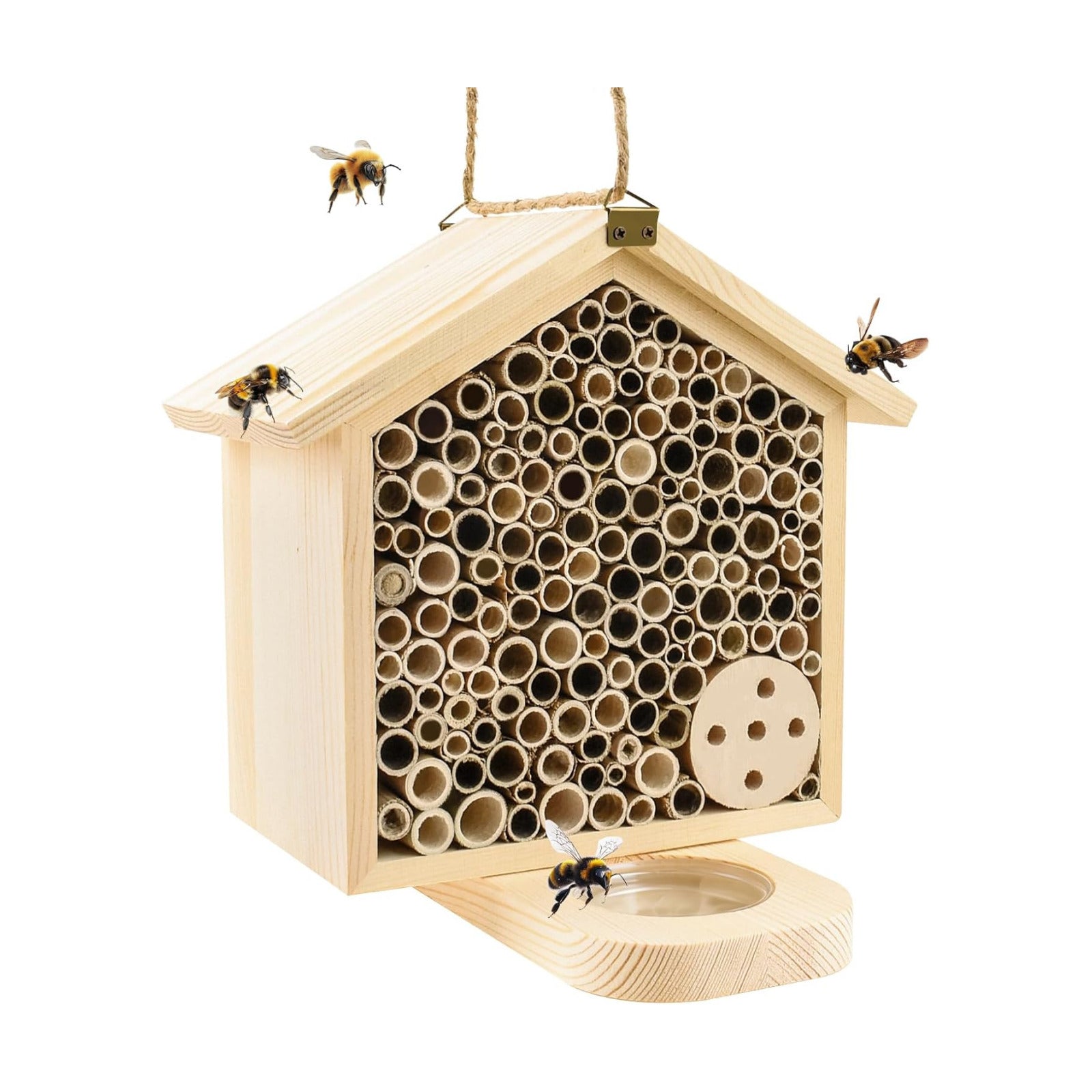 Mason Bee House with Feeding Trays, Natural Pine Wood Hanging Bee Hive | Insect Hotel for Garden Backyard, Outdoor