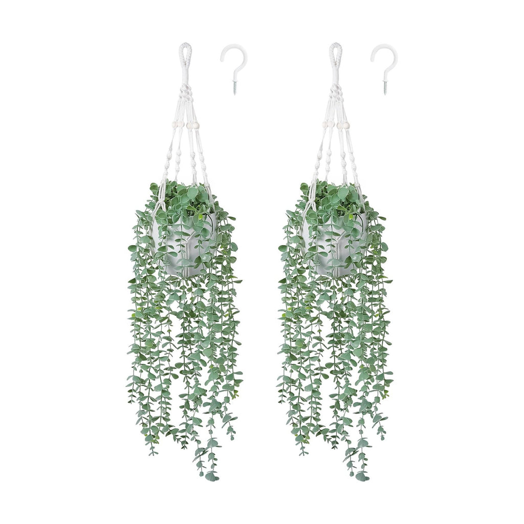 DREAMLOOM 2 Packs Fake Hanging Plants with Pots, Artificial Eucalyptus Hanging Plants with Macrame Hanger for Indoor