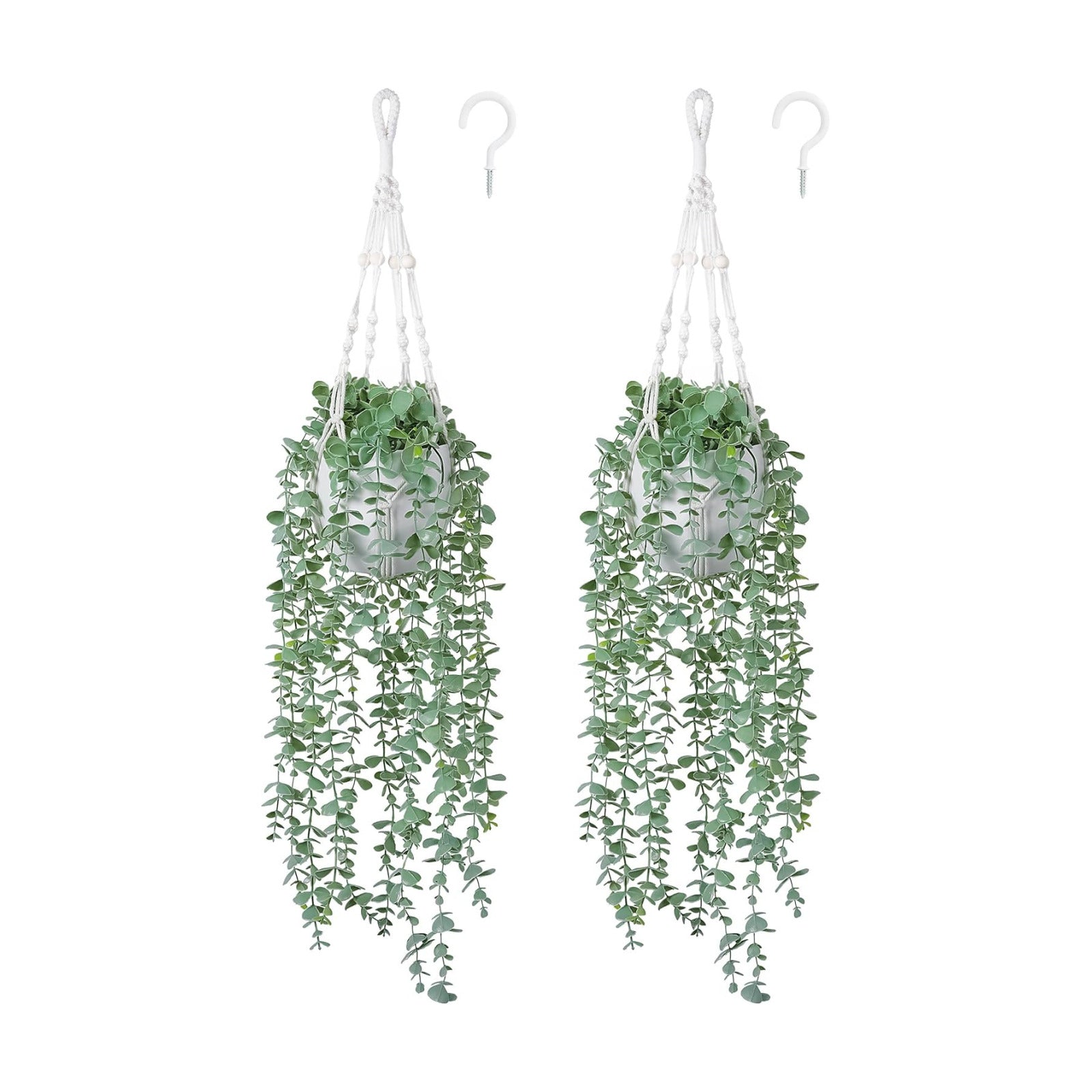 DREAMLOOM 2 Packs Fake Hanging Plants with Pots, Artificial Eucalyptus Hanging Plants with Macrame Hanger for Indoor