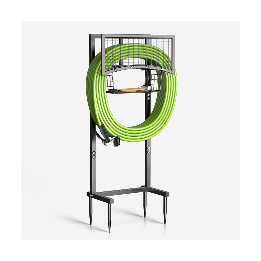 Garden Hose Holder Freestanding with Storage Basket, Holds Up to 165FT Hose, Heavy Duty Metal Water Hose Holder with 4