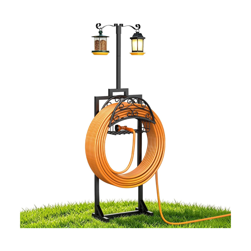Garden Hose Holder with Shepherds Hooks - Freestanding Metal Water Hose Holder Stand Holds 160ft, Heavy Duty Garden