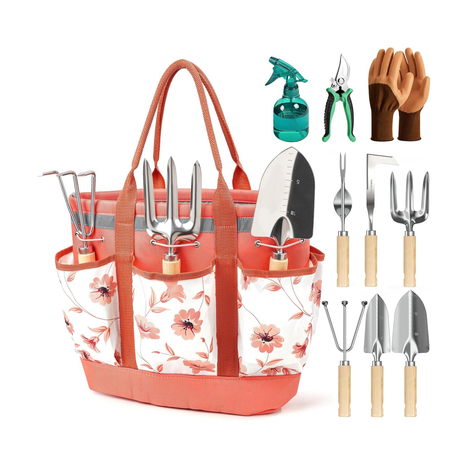 10Pcs Garden Tool Set, Rust-Proof Stainless Steel, Ash Wood Handles, Pink | High-Hardness Tool Heads, Reinforced