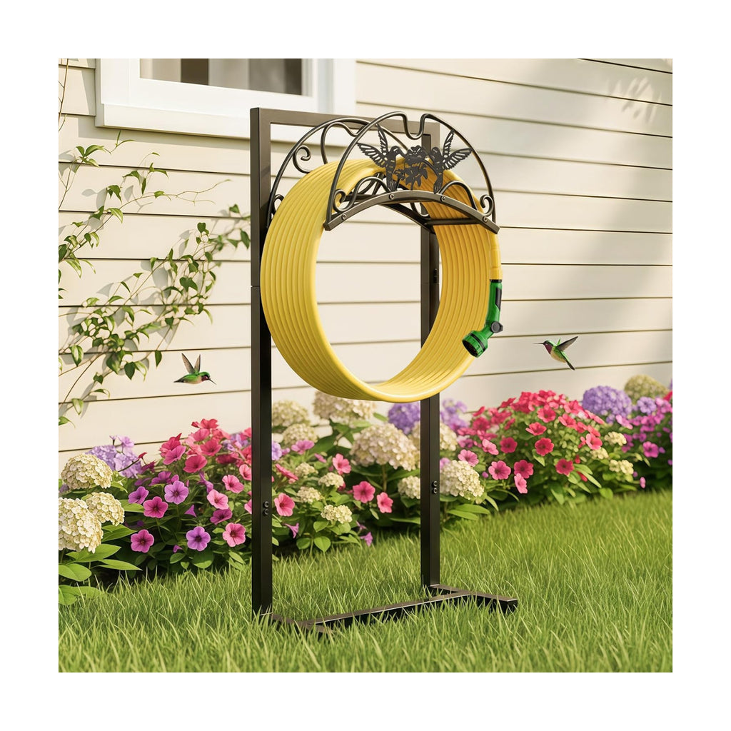 Garden Hose Holder - Upgraded Electrophoretic Coating Anti-Rust Graden Hose Storage Rack with Hummingbird Pattern Holds