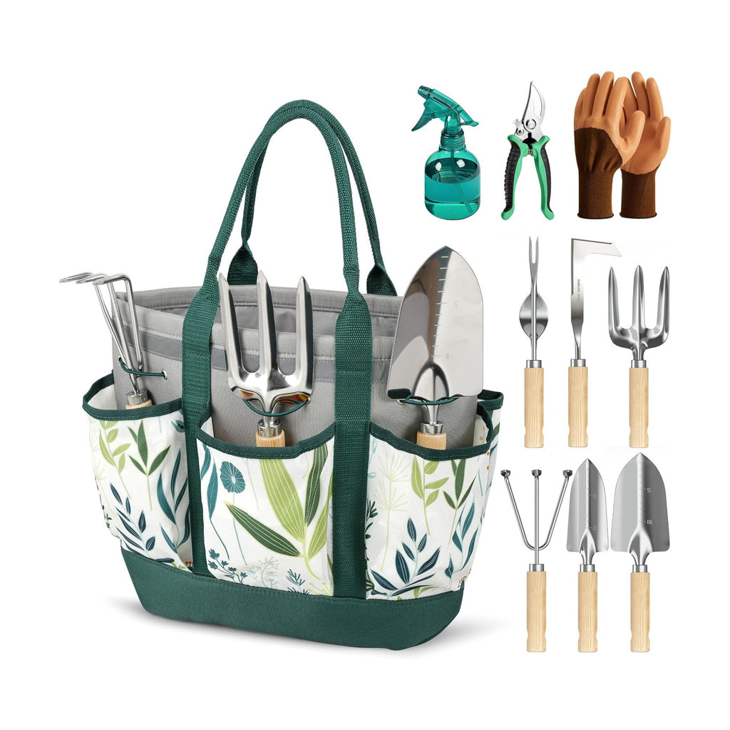 10Pcs Garden Tool Set, Rust-Proof Stainless Steel, Ash Wood Handles, Green | High-Hardness Tool Heads, Reinforced