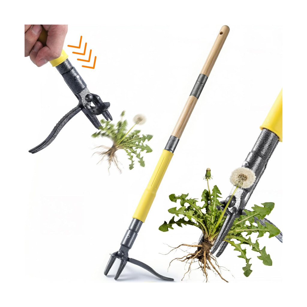 Stand Up Weed Puller Tool with Slide-Release System, Effortless Weeder for Lawn & Garden, 3-Section Wood Handle for