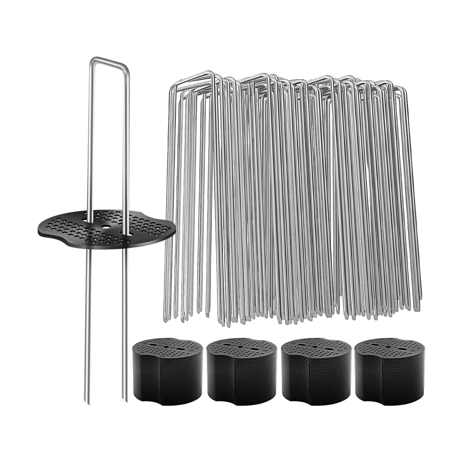 200 Pcs Garden Stakes Landscape Staples Set, 6 Inch 11 Gauge Heavy Duty Galvanized 100 U-Shaped Pins with 100 Gaskets