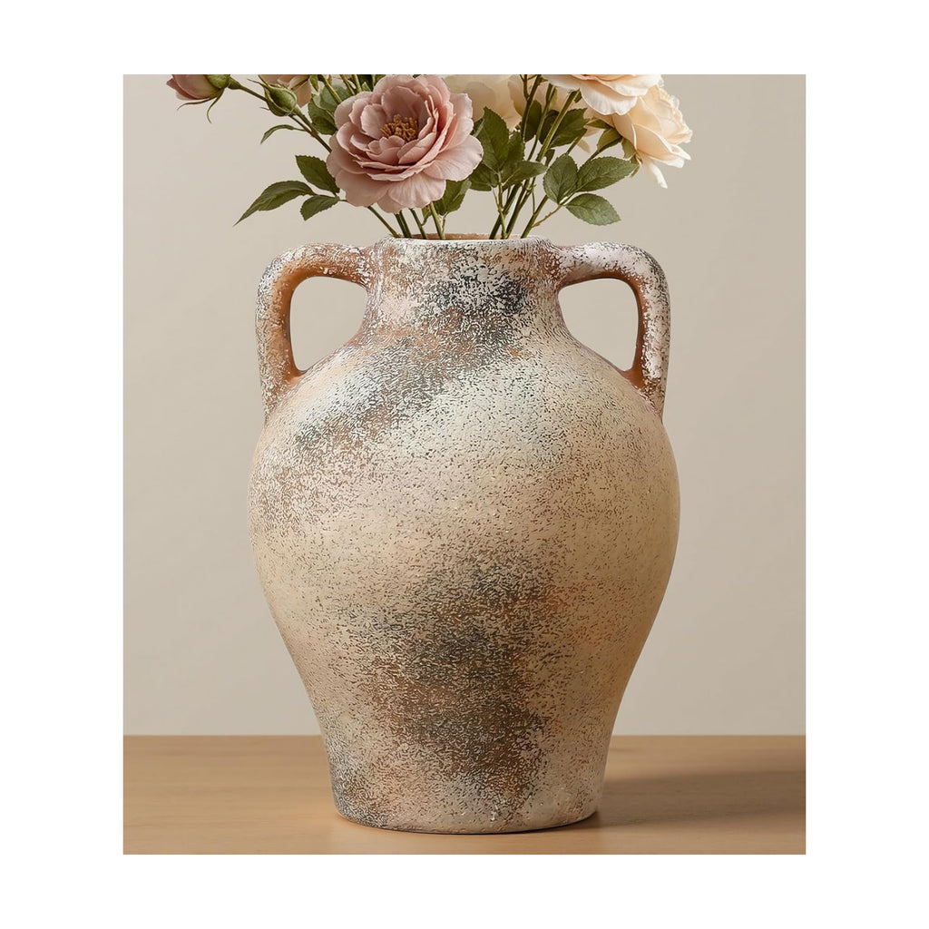 Ceramic Flower Vase, 8.7" Rustic Farmhouse Table Vase, Decorative Pottery Vase with Glazed Interior for Fresh Flowers, Eucalyptus, Entryway, Kitchen, Shelf and Bedroom Decor