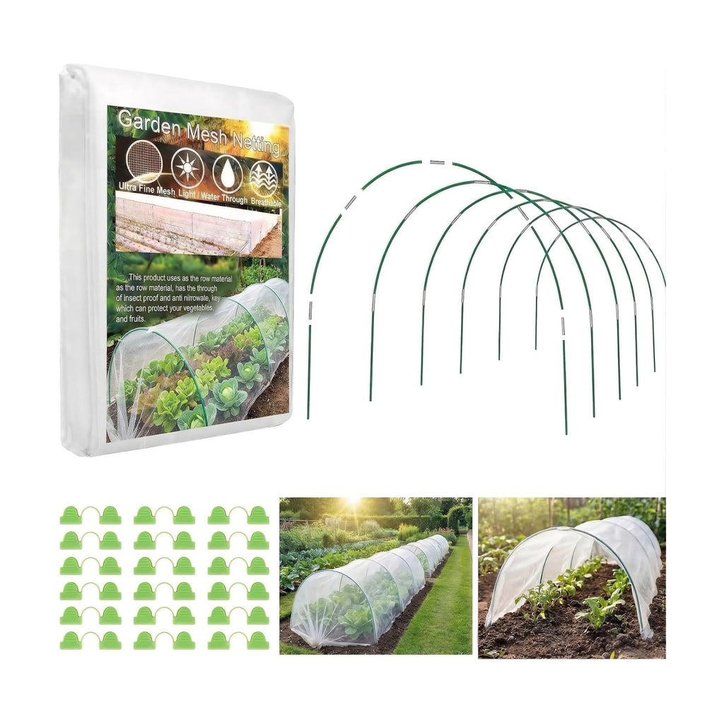 Garden Netting Kit for Raised Beds, 10x30FT Plant Cover Ultra Fine Mesh Netting & 6 Sets Fiberglass Garden Hoops & 18