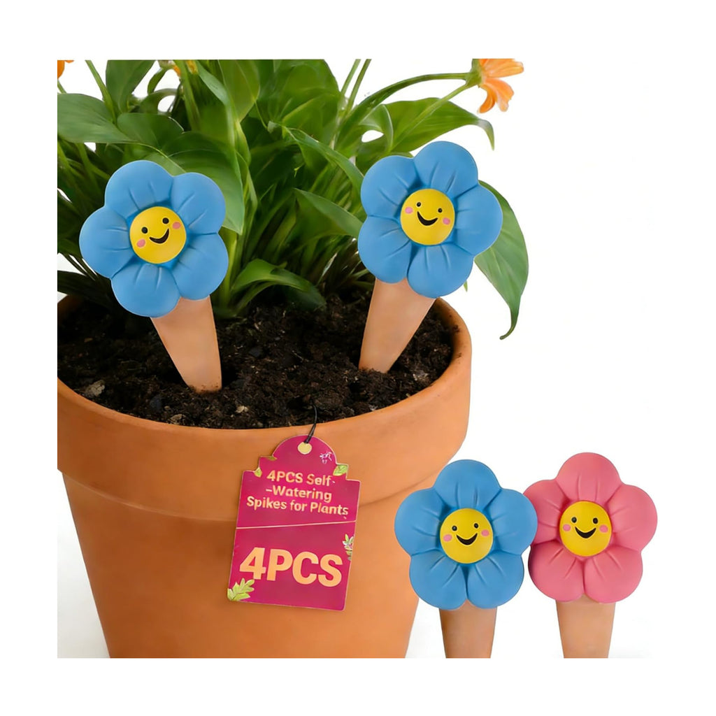 4 Pack Sunflower Self Watering Spikes - Decorative Terracotta Planter Insert for Potted Plants - Automatic Slow Release