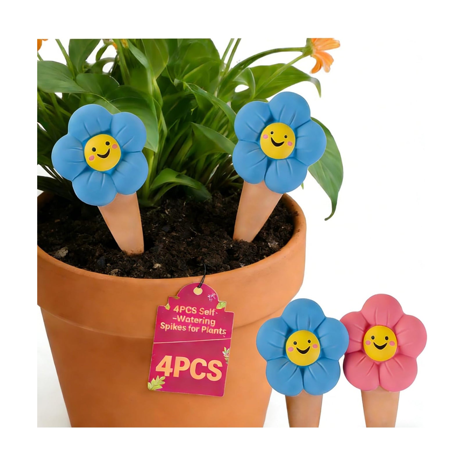 4 Pack Sunflower Self Watering Spikes - Decorative Terracotta Planter Insert for Potted Plants - Automatic Slow Release