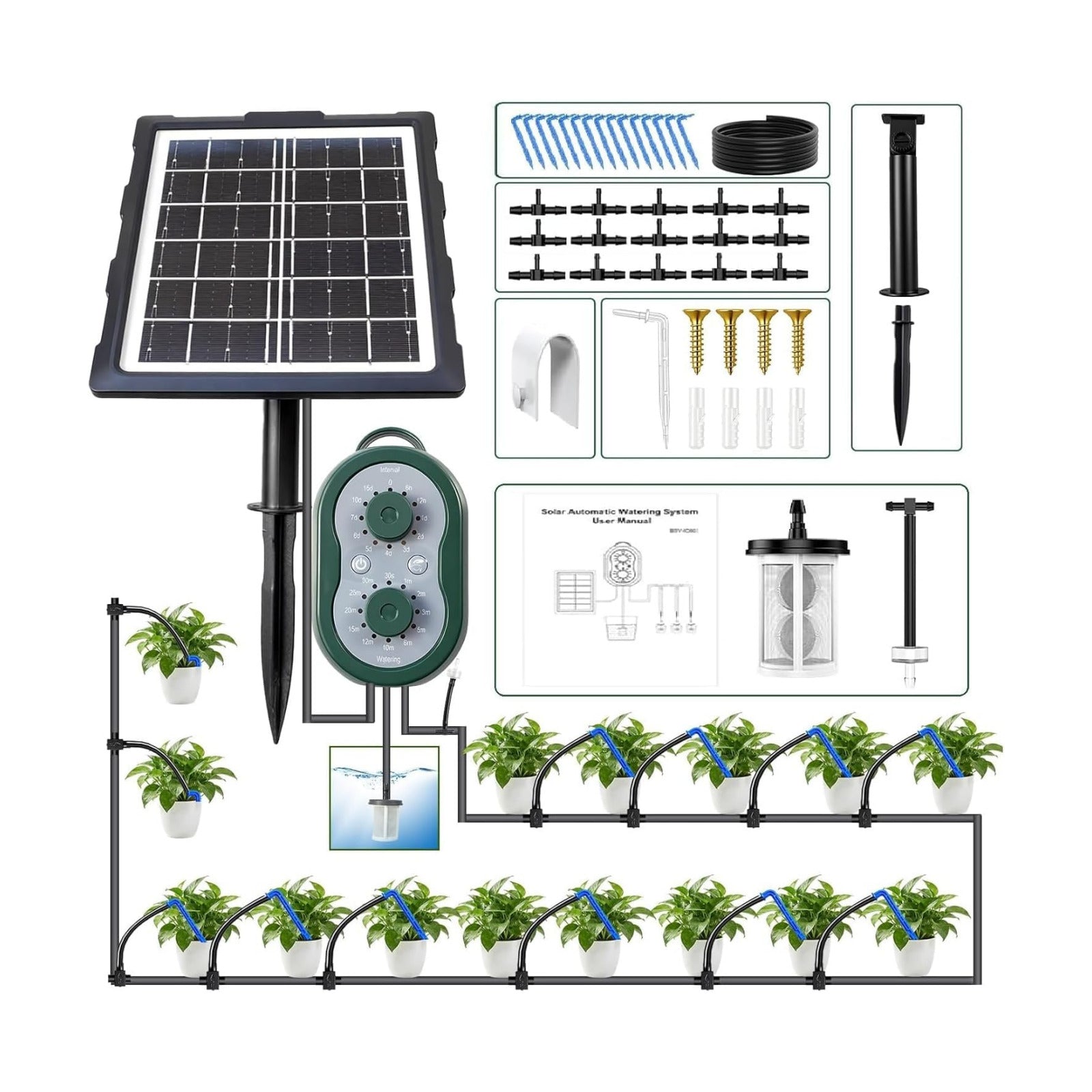 50FT Solar Automatic Drip Irrigation Kit System, Smart Self-Watering System with USB Charging for Outdoor Indoor Use