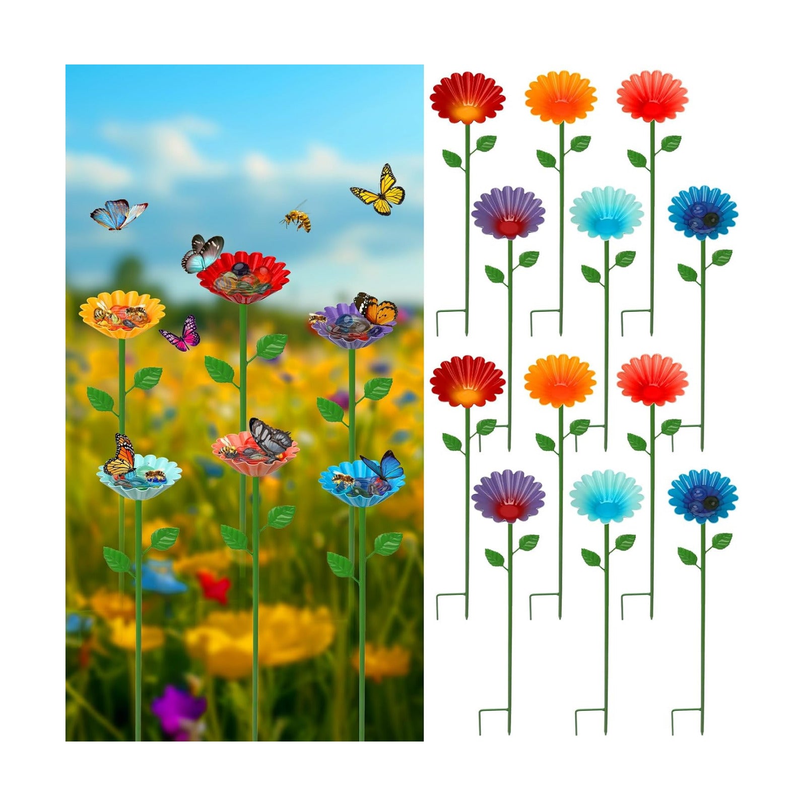 12 Pack Bee Watering Station, Bee Feeder for Garden Metal Butterfly Water Feeder Colorful Flower Design Bath Bowl with