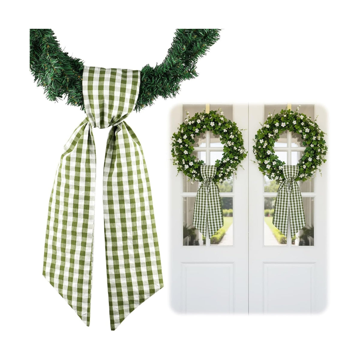 2 Pack Green White Plaid Wreath Sash Front Door Decoration, Blank Sashes Spring St Patrick Wedding Holiday Party Bow Ribbon Bundle Indoor Outdoor Farmhouse