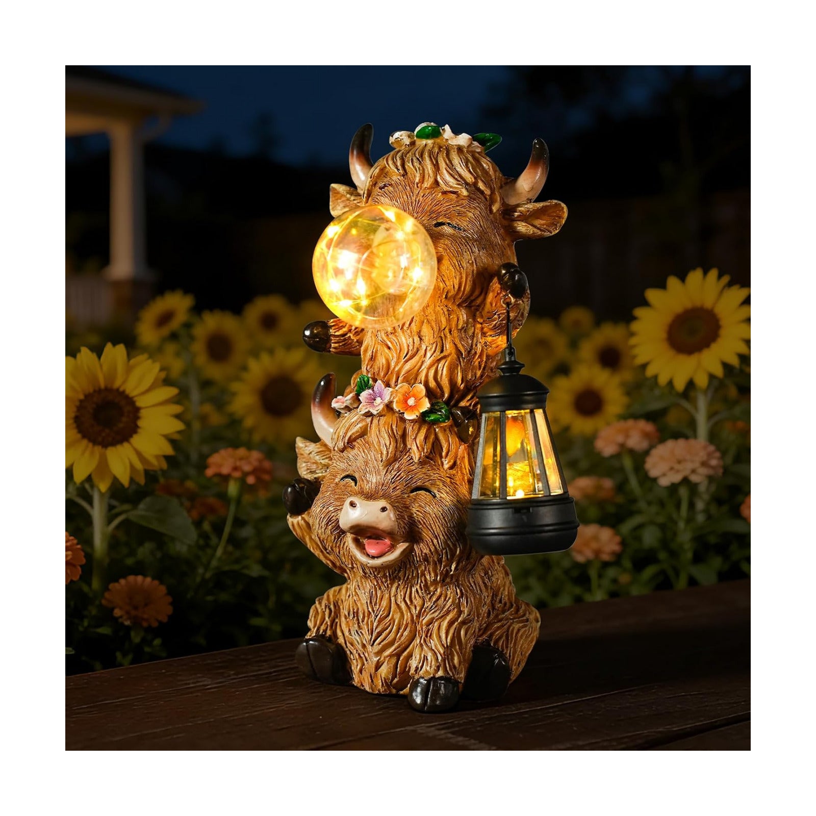 Outdoor Resin Highland Cow Garden Statue | Cute Cow Decoration with Glowing Lantern & Light-Up Bubble, Waterproof Yard