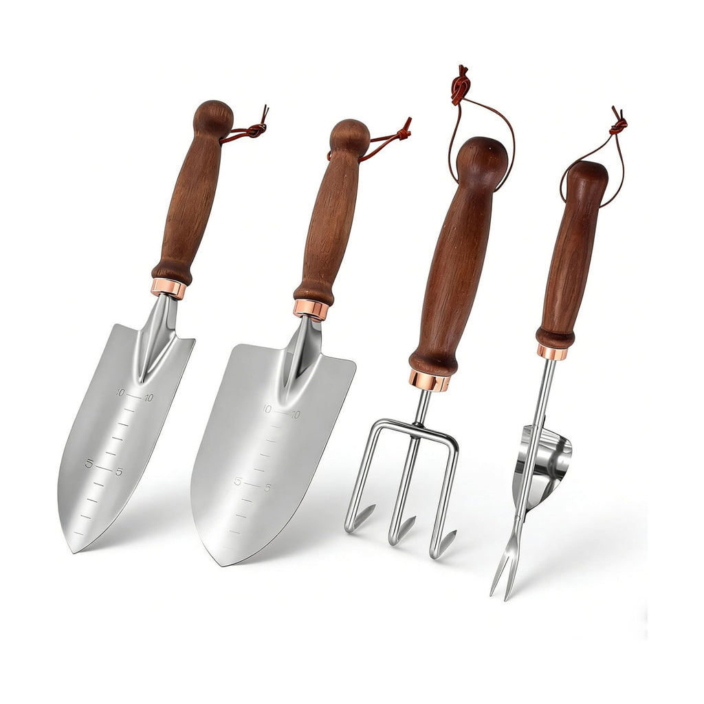 Garden Tools, 4 Pack Garden Shovel with Wooden Handles Hand Tools with Transplanting Hand Shovel, Rake and Root Picker