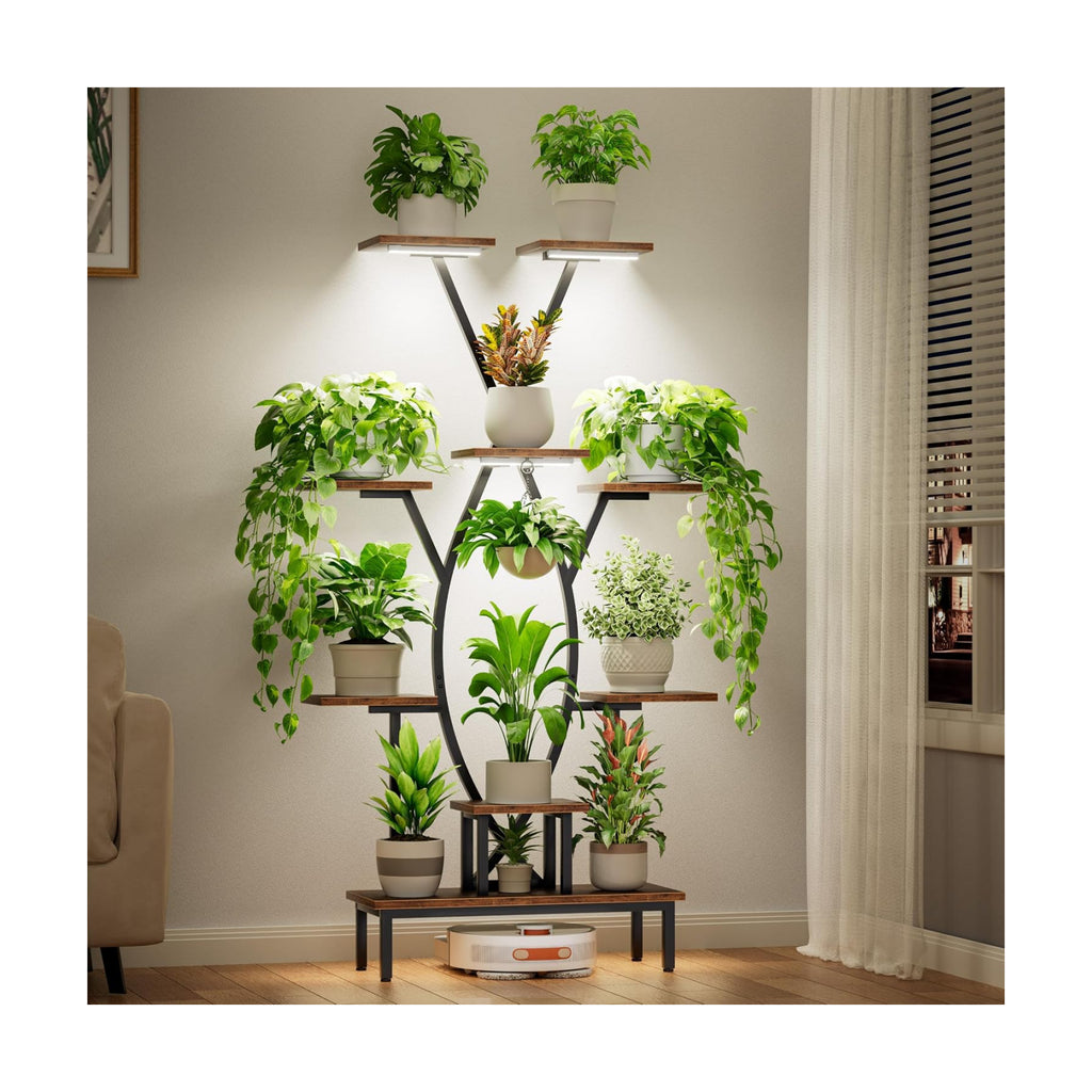JUSTOGO Plant Stand Indoor with Grow Lights - 9 Tiered Tall Plant Shelf | 63" Corner Flower Holder for Multiple Plants