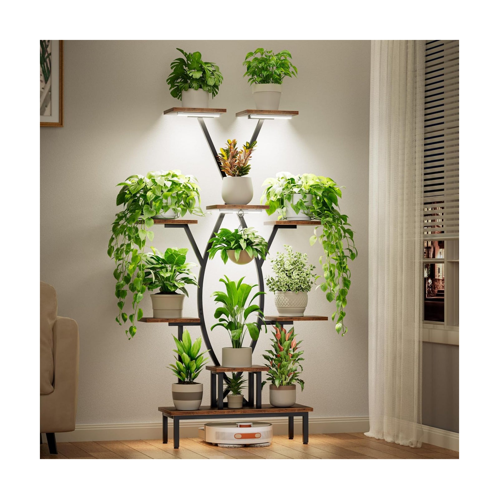 JUSTOGO Plant Stand Indoor with Grow Lights - 9 Tiered Tall Plant Shelf | 63" Corner Flower Holder for Multiple Plants