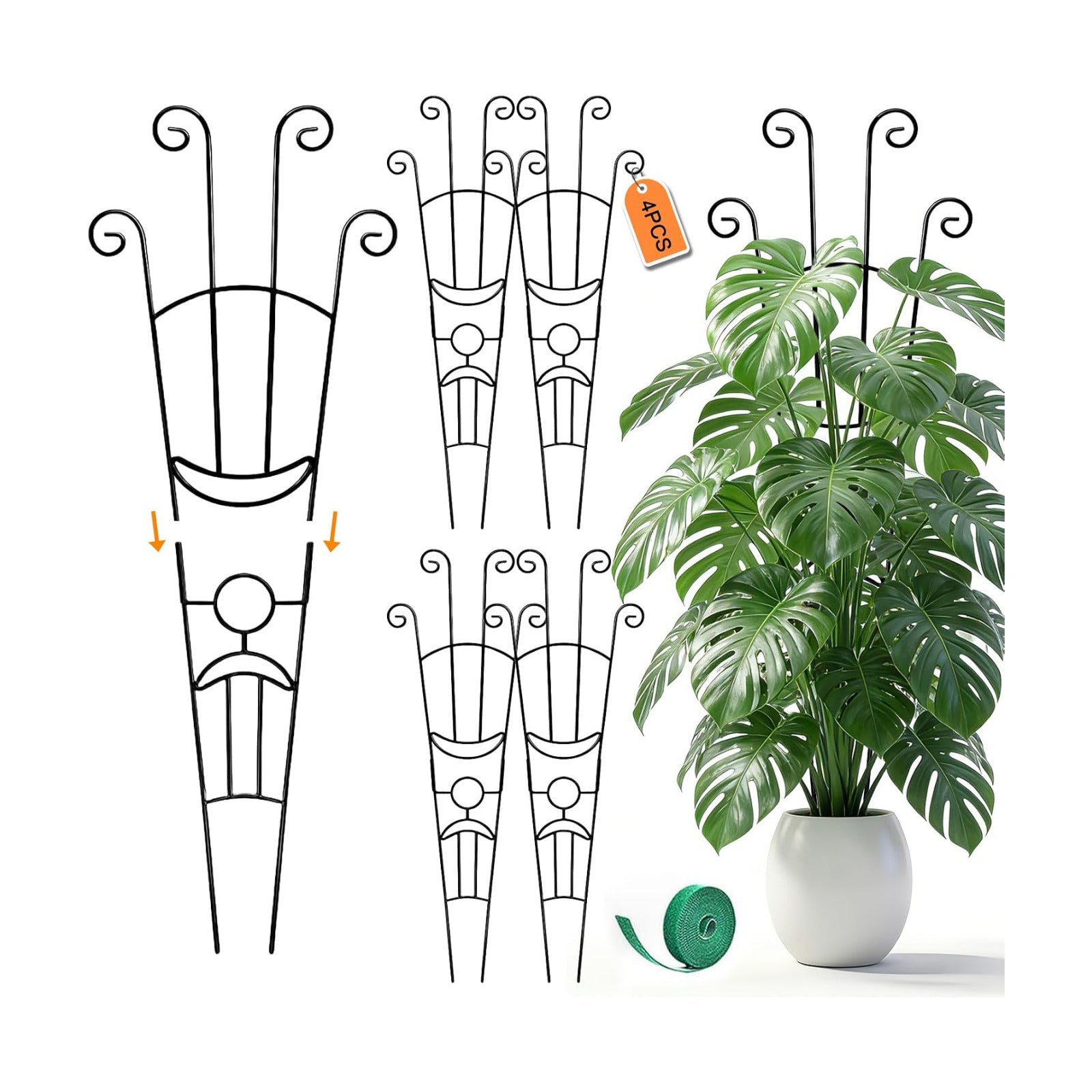 Monstera Plant Support - 4-Pack of 32.6" Tall Plant Trellis Stakes for Large Indoor Vines | Adjustable Dual Pole Frame