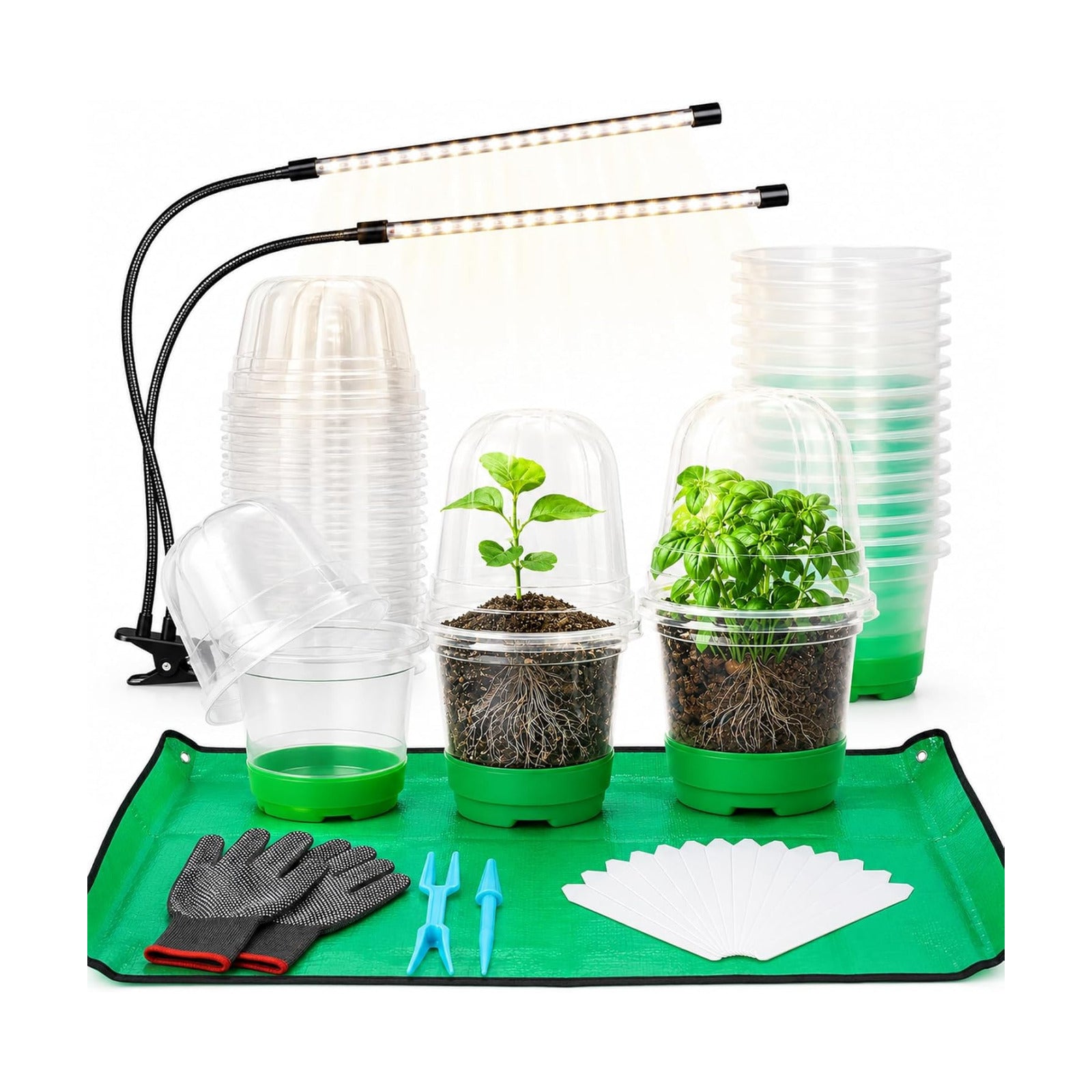 59Pcs Clear Nursery Pots Kits with Grow Light Includes 22 Pack 4'' Seed Starter Pots with Silicone Base & Lids, Clear
