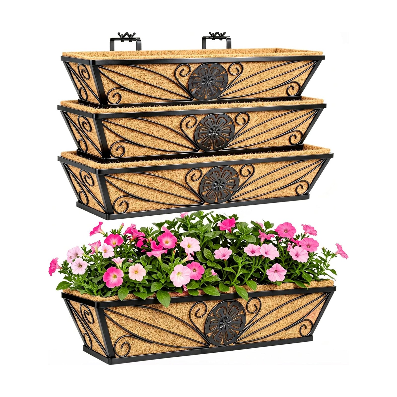 4 Pack 24 Inch Railing Planter Boxes | With Coco Liner, Floral Scroll Metal Window Box Planters, Classic Scrollwork