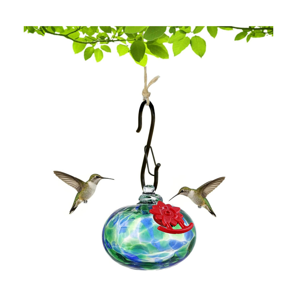 QFkris Blown Glass Hummingbird Feeder for Outdoors Hanging, Small Hummingbird Feeder with Flower Feeding Ports for Outside Garden Backyard Decor, Gifts for Women Mom(Green)