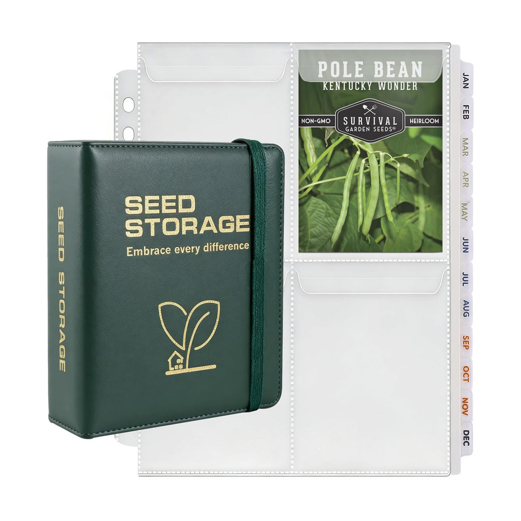 MUQING Seed Storage Organizer Binder, Flip-Top Lid Sleeves | 50 Pages + 12 Monthly Cards + 4-Season Color-Coded