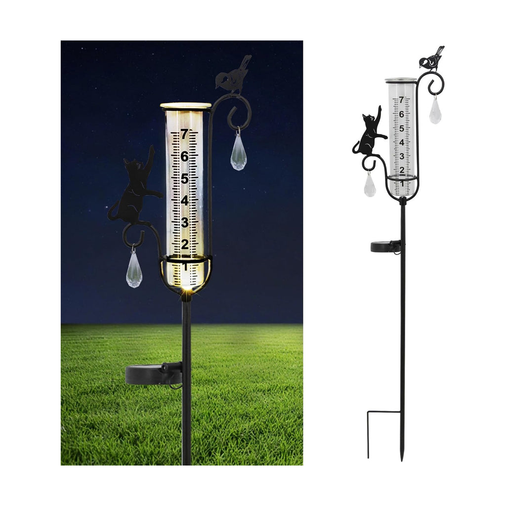 33" Solar Garden Rain Gauge - 7" Glass Tube for Outdoor Indoor Use, Patio Yard Decor Statue,Metal Cat & Bird Rain Gauge.