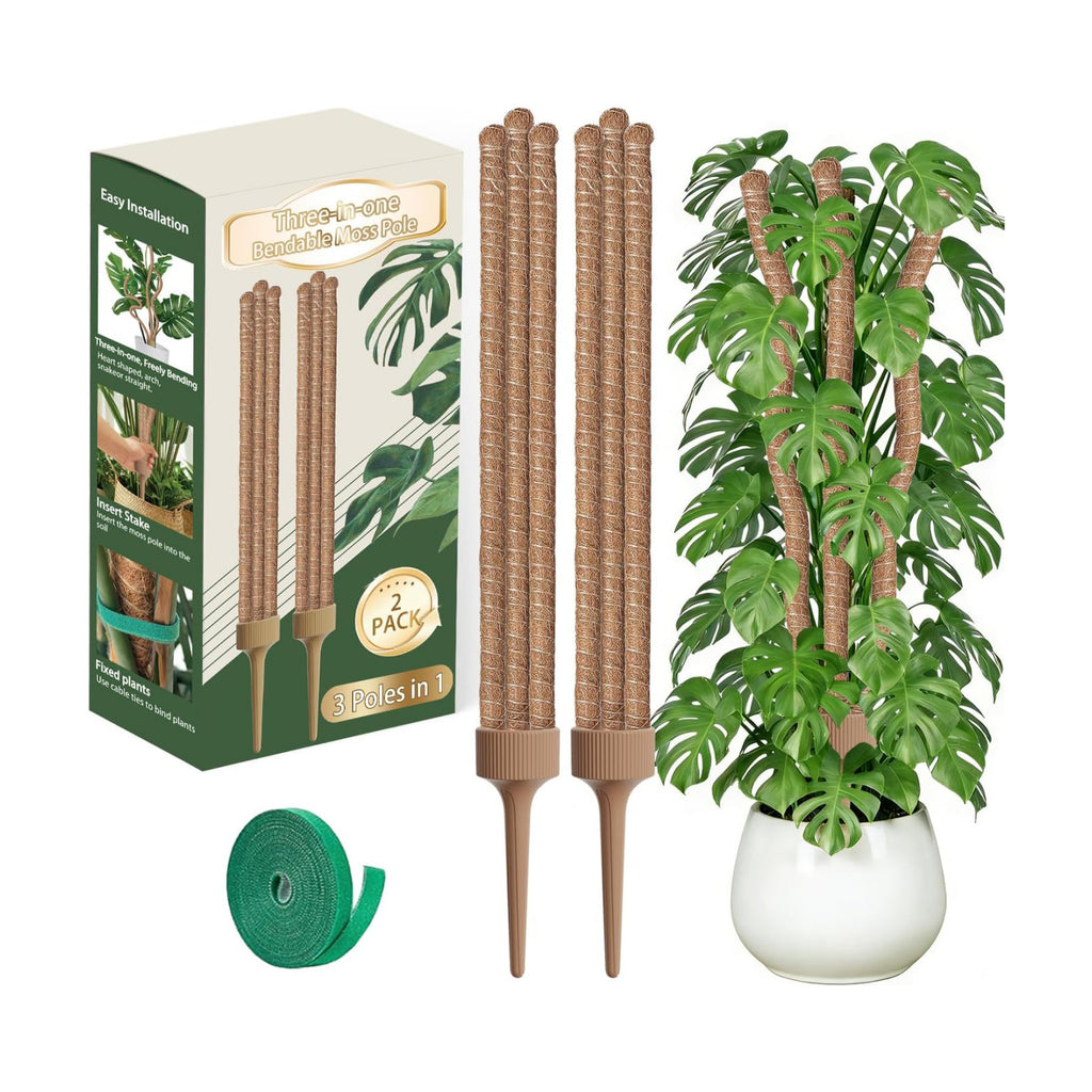 3 Moss Poles in 1, 30IN Tall Bendable Monstera Plant Support-2 Pack | 3 Integrated Coir Pole for Indoor Plants, Moss