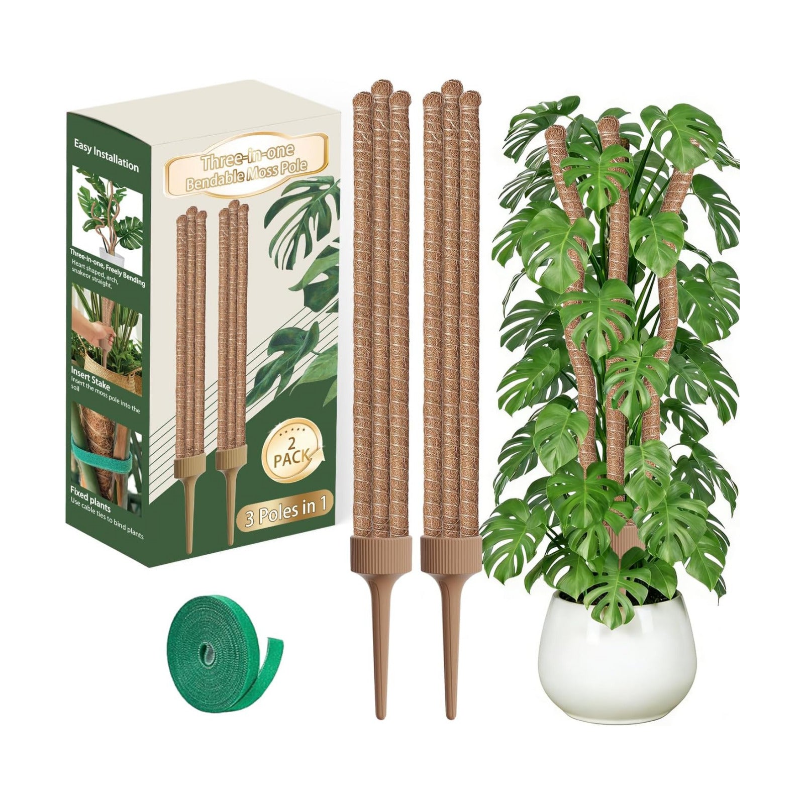 3 Moss Poles in 1, 30IN Tall Bendable Monstera Plant Support-2 Pack | 3 Integrated Coir Pole for Indoor Plants, Moss