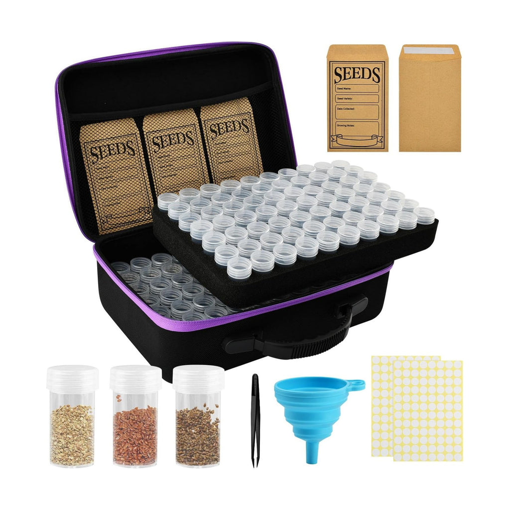 Seed Storage Organizer Box with 140 Slots and Plastic Bottles, Portable Garden Seed Vault Kit with