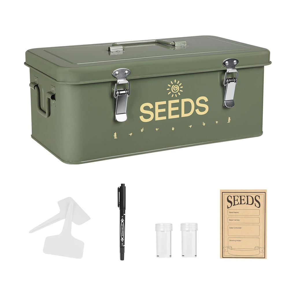 Metal Seed Storage Box with Safety Locks, Large 4-Compartment Seed Organizer Kit with 30 Envelopes, 30 Plant Labels & 5 Plastic Bottles1 Mark Pen, Lockable Seed Saving Bin for Gardeners