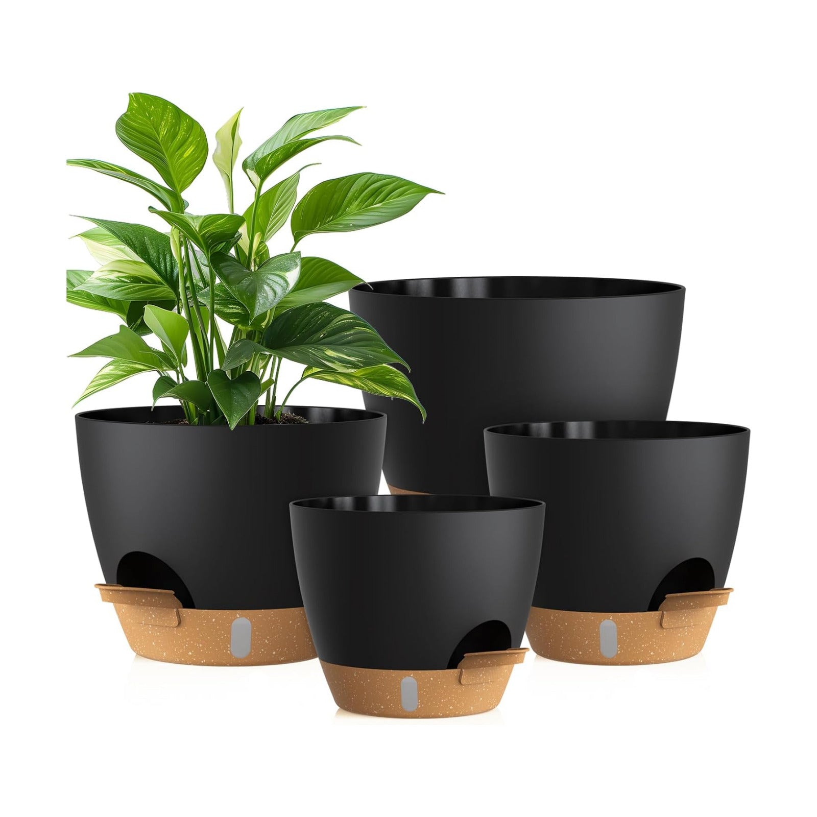Plant Pots, 4 Pack 12/10/9/8 Inch Self Watering Pots with Drainage Holes, Water Level Indicator Deep Reservoir, Large