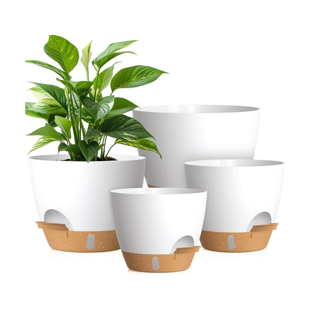 Plant Pots, 4 Pack 12/10/9/8 Inch Self Watering Pots with Drainage Holes, Water Level Indicator Deep Reservoir, Large