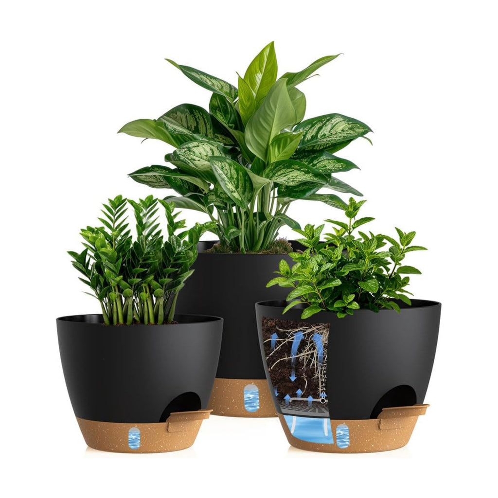 Self Watering Pots with Drainage Holes, 3 Pack 12/10/8 Inch Plant Pots with Water Level Indicator Deep Reservoir, Large